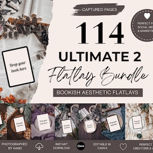 Op de afbeelding: Een advertentie voor een flatlay-bundel met de tekst "114 Ultimate 2 Flatlay Bundle". De afbeelding toont een tablet met de tekst "Drop your book here" en verschillende gestileerde flatlay-scènes met boeken en decoratieve elementen.