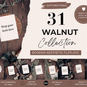 Może przedstawiać: Obraz z płaskim układem z książką z tekstem "Drop your book here" na drewnianej powierzchni. Obraz zawiera również tekst "31 Walnut Collection Bookish Aesthetic Flatlays" i inne elementy projektu.