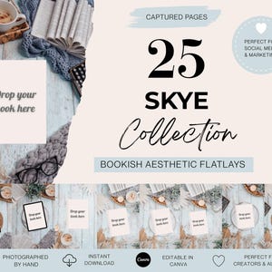 May include: A flatlay image featuring a book with the text "Drop your book here", a cup of coffee, and other bookish elements. The image also includes the text "25 SKYE Collection BOOKISH AESTHETIC FLATLAYS".