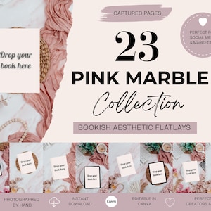 May include: Aesthetic flatlay image with a pink marble theme. The image features a book with the text "Drop your book here", along with the text "23 PINK MARBLE Collection BOOKISH AESTHETIC FLATLAYS". The image also includes decorative elements and the text "PERFECT FOR SOCIAL MEDIA & MARKETING".