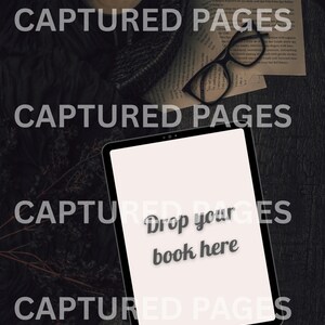 May include: A digital tablet with the text "Drop your book here" is the focal point of this image. A pair of black glasses rests on a book page, and a candle sits in a woven basket. The background is dark.