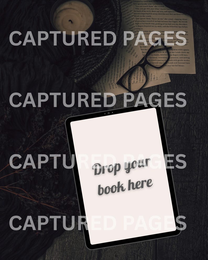 May include: A digital tablet with the text "Drop your book here" is the focal point of this image. A pair of black glasses rests on a book page, and a candle sits in a woven basket. The background is dark.