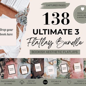 Op de afbeelding: Een promotieafbeelding voor een flatlay-bundel. De tekst luidt "138 Ultimate 3 Flatlay Bundle" met de woorden "Bookish Aesthetic Flatlays" eronder. De afbeelding bevat een boek met de tekst "Drop your book here".