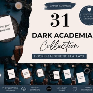 May include: A flatlay image with a dark academia theme. The image features a book with the text "Drop your book here", along with other props like a candle, keys, and a decorative plate. The text "DARK ACADEMIA Collection" is also visible.
