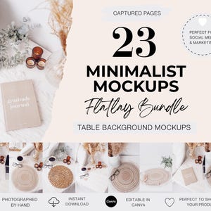 May include: A flatlay mockup bundle with 23 minimalist designs. The image features a beige journal, candles, and decorative elements. Text includes "Minimalist Mockups" and "Flatlay Bundle". Perfect for social media and marketing.