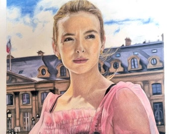 Dibujo de Villanelle firmado por Jodie Comer - Impresión artística tamaño A4