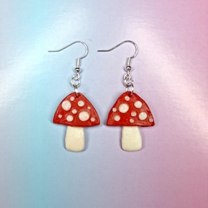 Handmade Red and White Toadstool Mushroom Polymer Clay Dangle Earrings