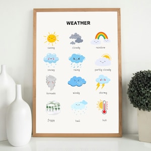 Póster del clima para niños, colorido, para decoración de la escuela en casa, arte de pared educativo para niños pequeños, impresión digital para aprender sobre el clima