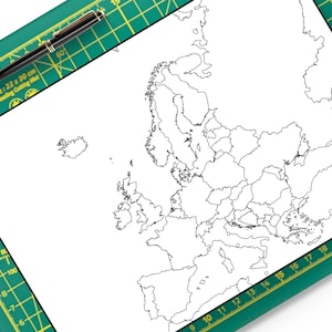 Kaart van Europa — Etikettering en kleurplaat | Leer aardrijkskunde, label elk land en test je kennis! Download en print een A4-pdf op volledig formaat!