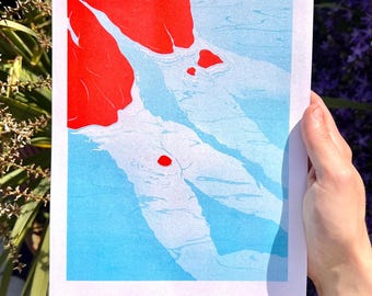Poolside | Limitierte Auflage Risograph | Wandkunst | Schwimmende Männer | Queer Druck | Queere Kunst