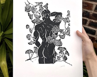 Gingko - Stampa su linoleum di arte queer - Nero