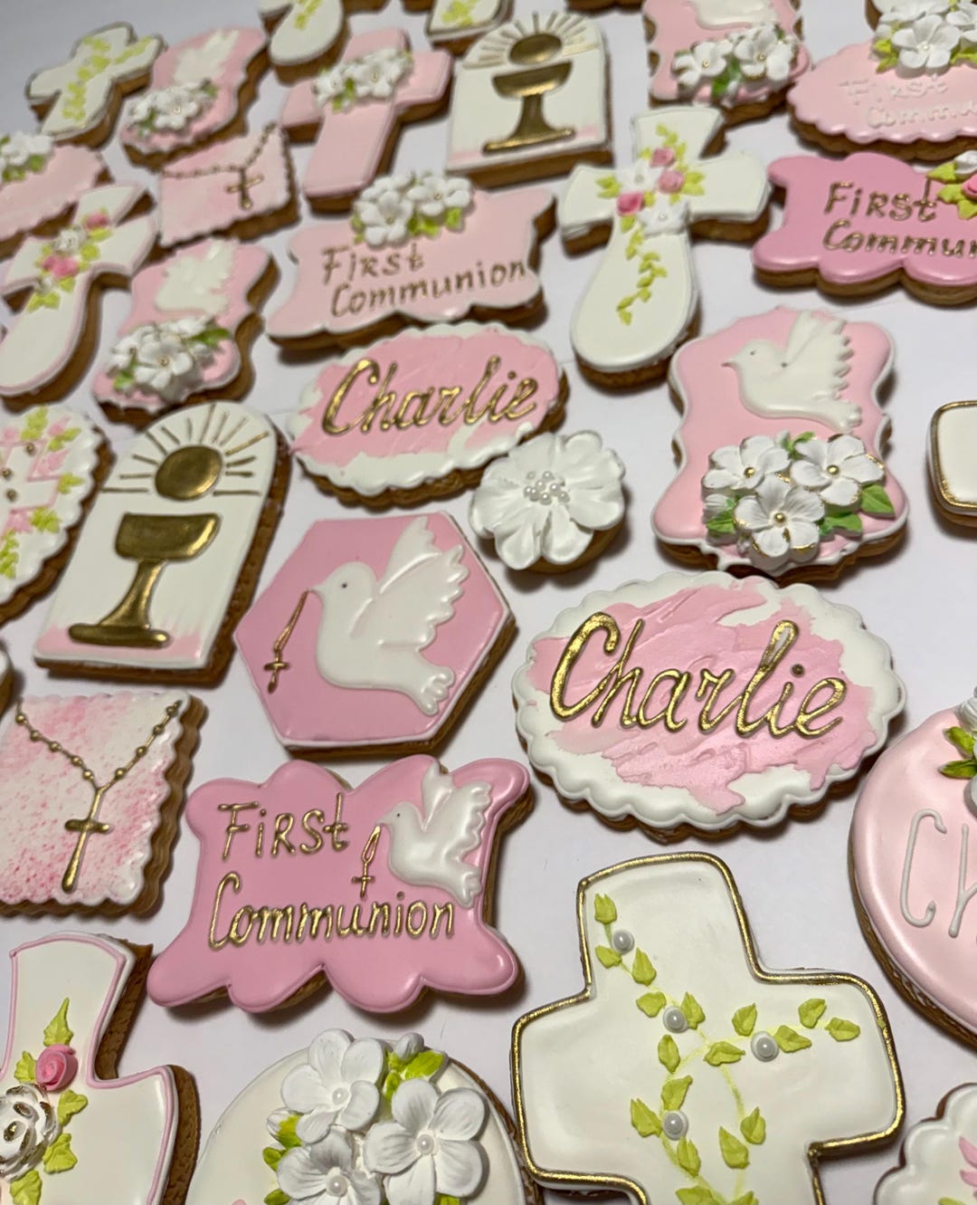 First Communion Cookies Pink Gold | Baptism Cookies Girl | Personalized ...