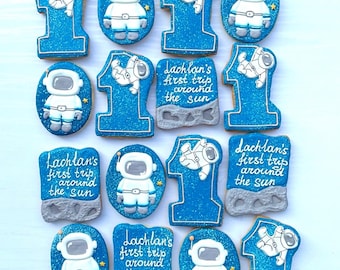 Galletas de astronauta para el primer cumpleaños / Galletas para baby shower con temática espacial / Galletas de azúcar personalizadas para bebé niño / Una docena