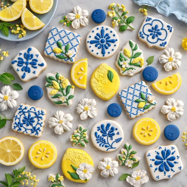 Lemon Floral Cookies Set • 2 dozen | Blue White Decorated Sugar Cookies | Mediterranean Cookies | Wedding Bridal Shower Favors