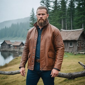 Genuine Leather Viking Jacket, Classic Button-Up Jacket,Renaissance Leather Jacket For Men&#39;s, Warm Winter Leather Jacket, Bomber Jacket