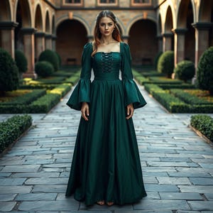 Green Medieval Maxi Dress, Women&#39;s Long Puffed Sleeve Dress, Cottagecore Dress For Her,Vintage Style Renaissance Dress, LARP,Cosplay Attire