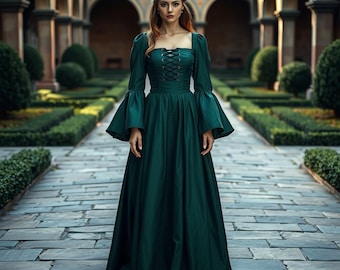 Grünes Mittelalter-Maxikleid, Damenkleid mit langen Puffärmeln, Cottagecore-Kleid für Sie, Vintage-Stil-Renaissance-Kleid, LARP, Cosplay-Kleidung