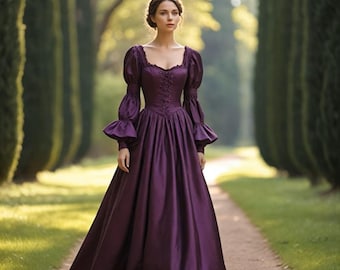 Mittelalterliches Lila Maxikleid, Damenkleid mit langen Puffärmeln, Cottagecore-Kleid für Sie, Vintage-Stil-Renaissance-Kleid, LARP, Cosplay-Kleidung