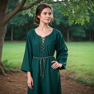 Forest Green Medieval Dress | Puff Sleeve Renaissance Gown | Belted Cottagecore Dress For Women&#39;s | Vintage-Inspired Halloween Dress