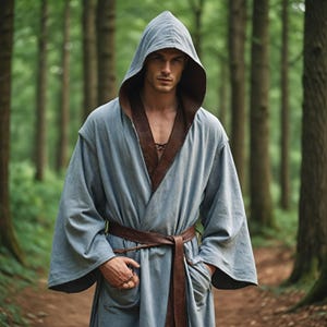 Men&#39;s Hooded Cloak, Medieval Long Robe, Belted Waist Cosplay Costume, Fantasy Outfit For Him, Vintage Style Cloak For Men&#39;s, LARP Outfit