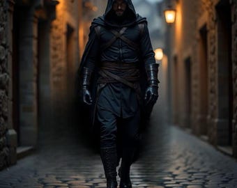 Middeleeuws moordenaarskostuum, herenoutfit schurkenstaat met capuchon, Dark Fantasy Warrior-mantel, LARP Stealth-kleding, Gothic Knight-cosplay, ninja-gewaad