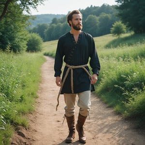 Tunica medievale nera da uomo / Costume rinascimentale vichingo da uomo / Tunica a maniche lunghe con cintura / Abito da cosplay storico LARP