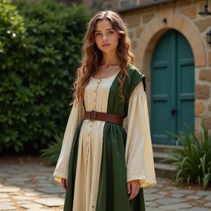 Medieval Peasant Dress, Green Overdress with Cream Underdress, Long Sleeves Button-Front Dress, Renaissance LARP Costume, Cottagecore Gown