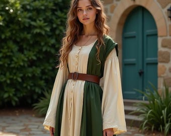 Mittelalterliches Bauerngewand, Grünes Überkleid mit Cremefarbenem Unterkleid, Langes Kleid mit Knopfleiste, Renaissance LARP Kostüm, Cottagecore Gewandung