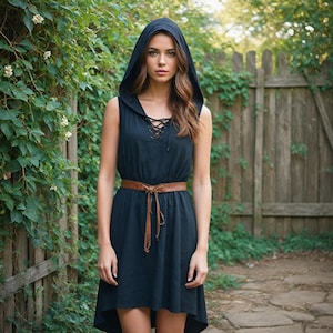 Hooded Renaissance Dress, Women&#39;s Medieval Tunic, Lace-Up Fantasy Costume,LARP Minimalist Outfit,Sleeveless Asymmetrical Gown,Cosplay Attire