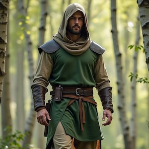 Green and beige medieval hooded tunic, fantasy warrior outfit, men&#39;s historical costume, Renaissance adventure costume, Vikings LARP outfit