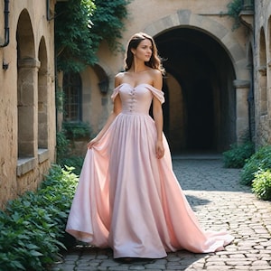 Abito rinascimentale rosa con spalle scoperte, corsetto allacciato, gonna lunga e fluente, abito medievale vintage, abito da sposa fantasy, abito da fiaba da donna