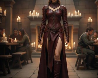 Custom Genuine Leather Medieval Women’s Warrior Costume – Handmade Fantasy Cosplay Outfit with Skirt and Armor Bodice