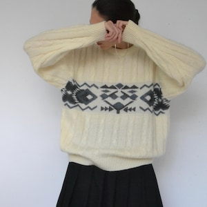 Vintage 90s Cream Cable Knit Grandpa Sweater – Men's Winter Ski Pullover, Size S-L