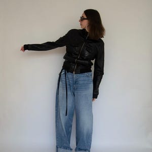 Blouson aviateur en cuir italien vintage des années 90, noir court ajusté en cuir véritable, fabriqué en Italie, taille S