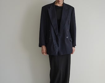 Vintage jaren 90 Hugo Boss marineblauwe krijtstreepblazer | Double-breasted wollen blazer | Maat L