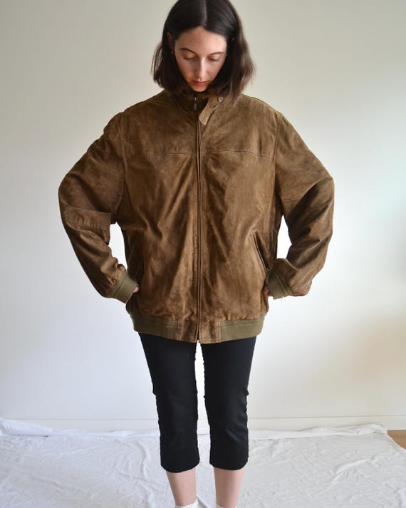 Vintage 90s Suede Men's Bomber Jacket, Oversized Brown