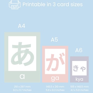 May include: Printable Japanese Hiragana flashcards in three sizes: A4 (8.3 x 11.7 inches), A5 (5.8 x 8.3 inches), and A6 (4.1 x 5.8 inches). The flashcards feature the characters "a", "ga", and "kya" in a light green, pink, and purple background, respectively.