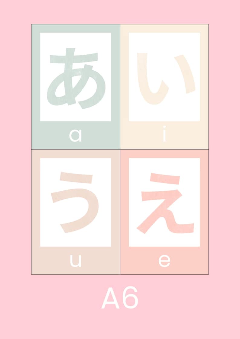 May include: A chart with four squares, each containing a Japanese character and its corresponding English letter. The characters are "a", "i", "u", and "e". The chart is labeled "A6" at the bottom.