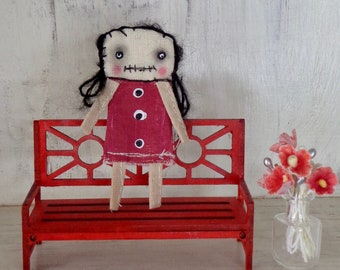 Miniature Quirky Primitive Fabric Scrap Creepy Scary Doll Fabric Textile Art Dollhouse Handmade Ornament Doll Pocket Companion Friend