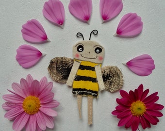 Miniature Quirky Primitive Fabric Scrap Bee Doll Fabric Textile Art Dollhouse Handmade Ornament Doll Pocket Companion Friend