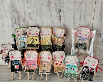 Miniature flat mixed media Fabric Art Doll: Quirky Handmade Textile Pocket Friends