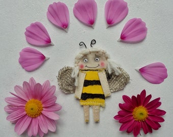 Miniature Quirky Primitive Fabric Scrap Bee Doll Fabric Textile Art Dollhouse Handmade Ornament Doll Pocket Companion Friend