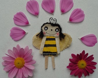 Miniature Quirky Primitive Fabric Scrap Bee Doll Fabric Textile Art Dollhouse Handmade Ornament Doll Pocket Companion Friend