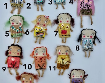 Miniature flat mixed media Fabric Art Doll: Quirky Handmade Textile Pocket Friends