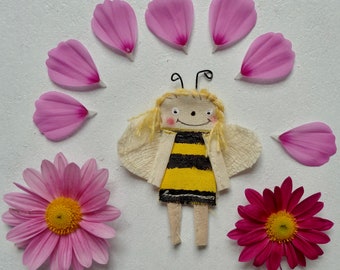 Miniature Quirky Primitive Fabric Scrap Bee Doll Fabric Textile Art Dollhouse Handmade Ornament Doll Pocket Companion Friend