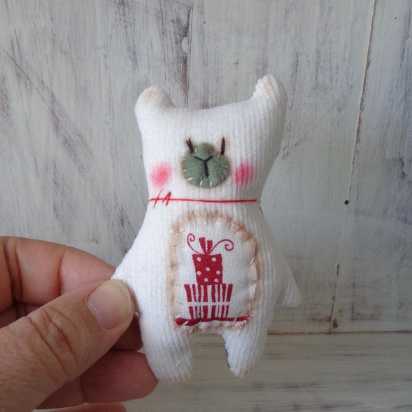 SALE Bear by Woollybuttbears | Textile Art | Blythe Friend | Pocket Pet | Folk Art Bear | Christmas Bear | Fabric Teddy | Doll Friend |