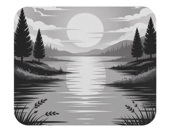 穏やかな風景を描いたマウスパッド：白黒の自然装飾、滑らかな滑り