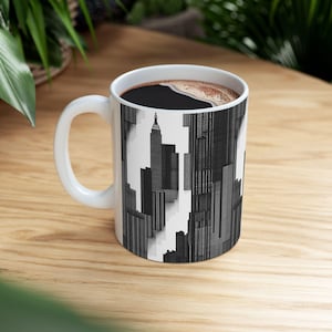 Modern Cityscape Ceramic Mug - Urban Coffee Cup, NYC Inspired Gift, Black and White Design, Minimalist Drinkware, Perfect for Home or Office