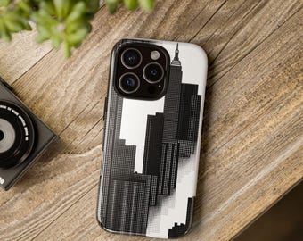 ブラック＆ホワイトのシティスケープスマホケース：洗練された都会的なデザイン、耐衝撃性