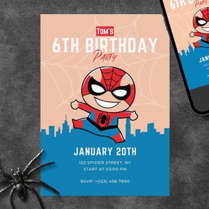 Bewerkbare op Spider-Man geïnspireerde sjabloon voor uitnodiging verjaardagsfeestje • 5 x 7" + A6-formaten • Tekst en kleuren bewerken in browser (canva) • Afdrukken of delen